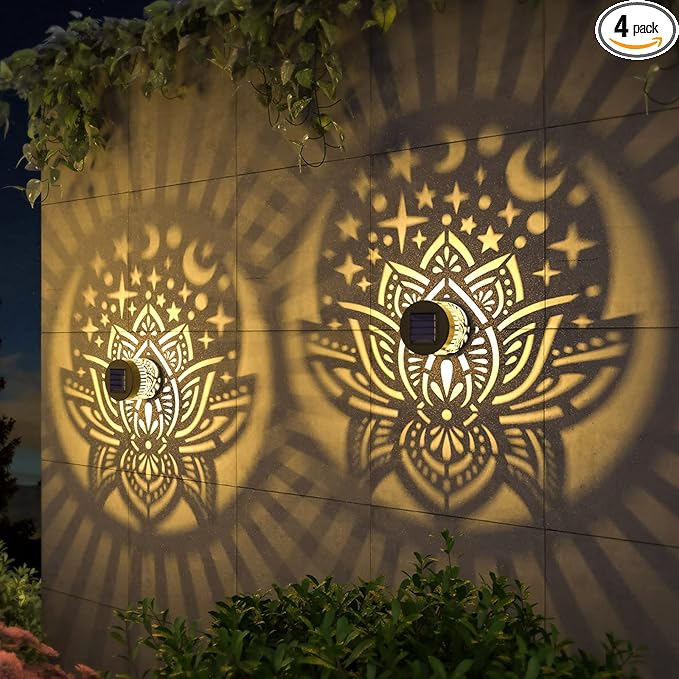 4 Pack Solar Fence Lights Metal Solar Powered Outdoor Wall Deck Lights Lotus Theme Waterproof Fence Light for Garden Post Patio Backyard Yard Decor (Lotus, 4 Pack)-CasaMuseHome