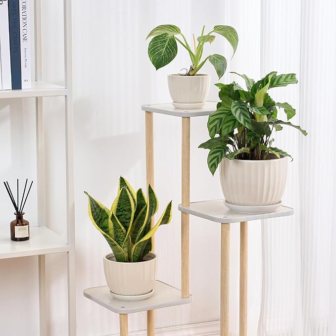 4/5/6 Inches Ceramic Plant Pots with Drainage Holes and Saucers, Round Flower Pots for Indoor Plant, Modern Flower Planters Set of 3 (White-Big Size)-CasaMuseHome