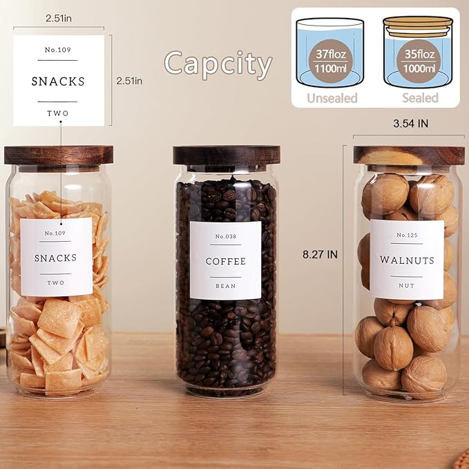 3 Set Glass Pantry Storage Jars with Acacia Airtight Lid - 35oz Thicken Glass Kitchen Canisters with 132 Pantry Labels - Clear Food Storage Containers with Wood Lid for Tea,Sugar,Cookie,Pasta-CasaMuseHome