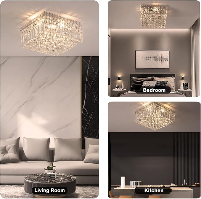 4-Lights Modern Flush Mount Ceiling Light Fixtures,Elegant Crystal Chandelier Pendant Ceiling Lamp for Bedroom,Living Room,Dining Room,Hallway H5.9 x W13.7 x L13.7 (Bulbs Not Included) Square-CasaMuseHome
