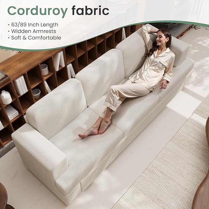 2 Pieces Corduroy Couch Set for Living Room, 5 Seats Cloud Sofa, Deep Seat Floor Couch for Bedroom, Futon Modern Sofa Bed, White Corduroy-CasaMuseHome