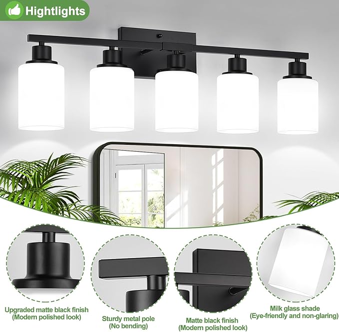 5-Light Black Bathroom Vanity Light Fixture with Milky White Frosted Glass Shades, Bathroom Light Fixture for Mirror, Matte Finish, Reversible Up/Down Lighting for Bedroom, Living Room, Hallway-CasaMuseHome