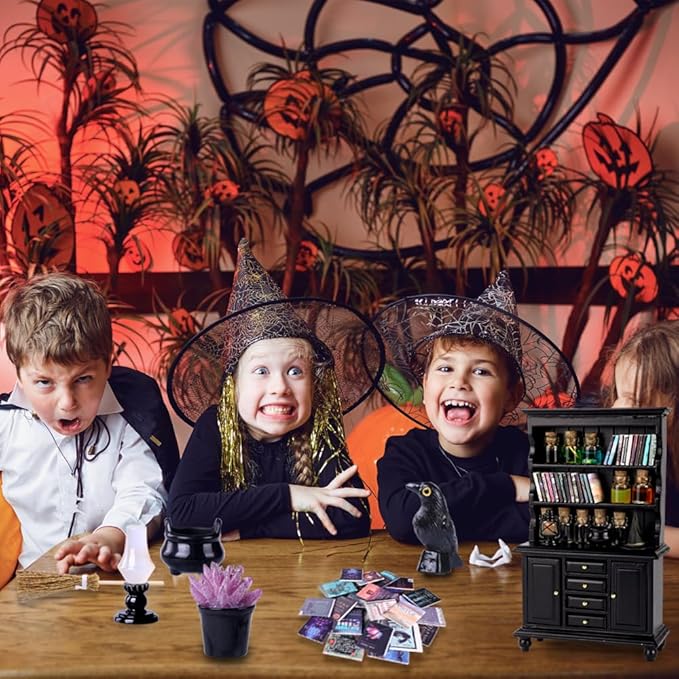 56 Pcs Halloween Miniatures Decorations 1:12 Scale Magic House Accessories Mini Wooden Bookshelf Furniture Set Tiny Sorcery Bottles Books Desk Chair Witch Hat Dollhouse Decor-CasaMuseHome
