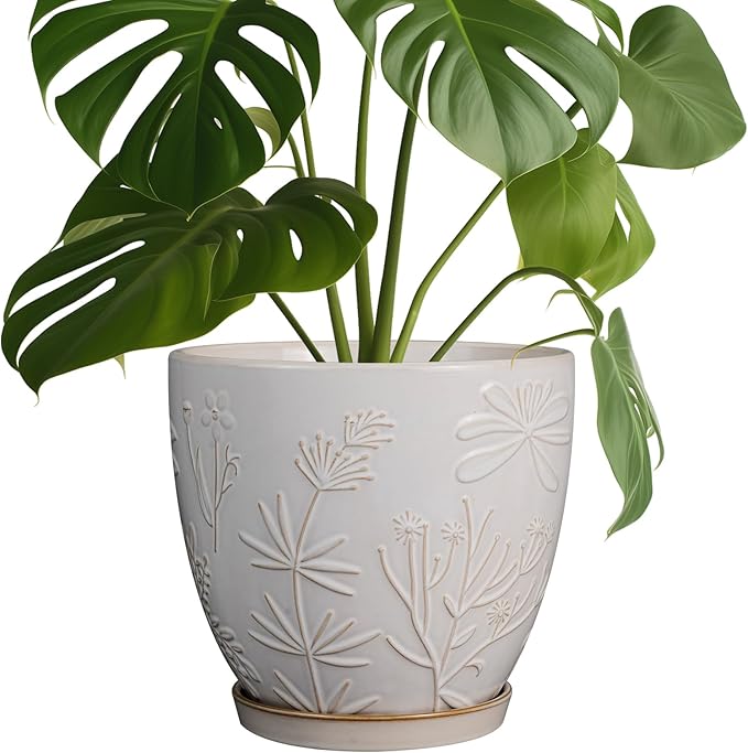 8 Inch Ceramic Pots for Plants Large Planter Pot with Drainage Hole and Saucer Round Flower Pot for Indoor Outdoor Decor, White-CasaMuseHome