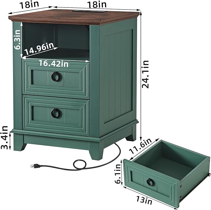 18" Farmhouse Night Stands Set of 2 with Charging Station, 2 Drawers Bedside End Table, Green Wooden Nightstand, Bed Side Table Cabinet with Open Shelf for Bedroom Living Room Office-CasaMuseHome