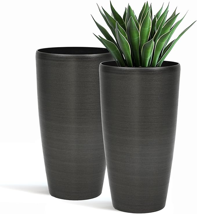 22.8" Resin Planters for Outdoor Plants, Set of 2 Modern Large Flower Pots with Handmade Brushed Metal Finish, Weather Resistant for Indoor/Outdoor Year-Round Use-CasaMuseHome