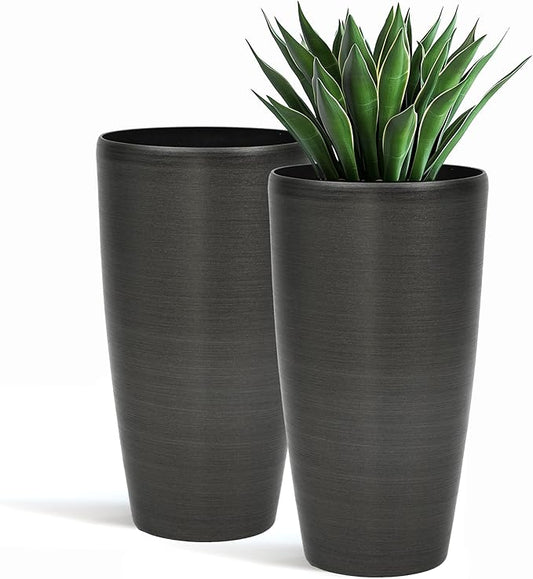 22.8" Resin Planters for Outdoor Plants, Set of 2 Modern Large Flower Pots with Handmade Brushed Metal Finish, Weather Resistant for Indoor/Outdoor Year-Round Use-CasaMuseHome