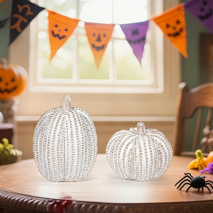 2Pcs Halloween Pumpkin Artificial Resin Pumpkins Decor for Mantel Harvest Autumn Tabletop Decoration Gold Fall Pumpkin Decorations Thanksgiving Table Centerpieces (Set A, ONE Size)-CasaMuseHome