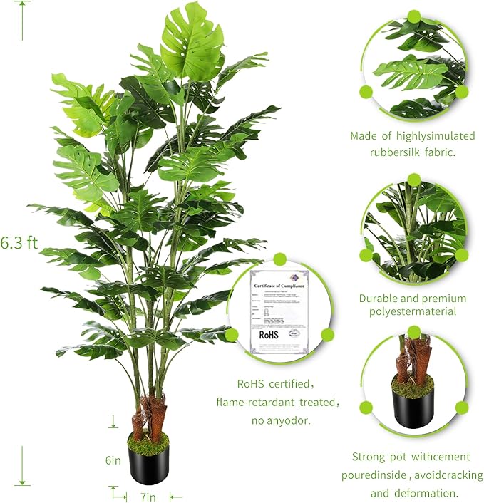 6.3ft Artificial Monstera Deliciosa Tree (75in) with Plastic Nursery Pot Faux Tree, Fake Tropical Split Leaf Palm Plant for Office House Farmhouse Living Room Home Decor (Indoor/Outdoor)-CasaMuseHome