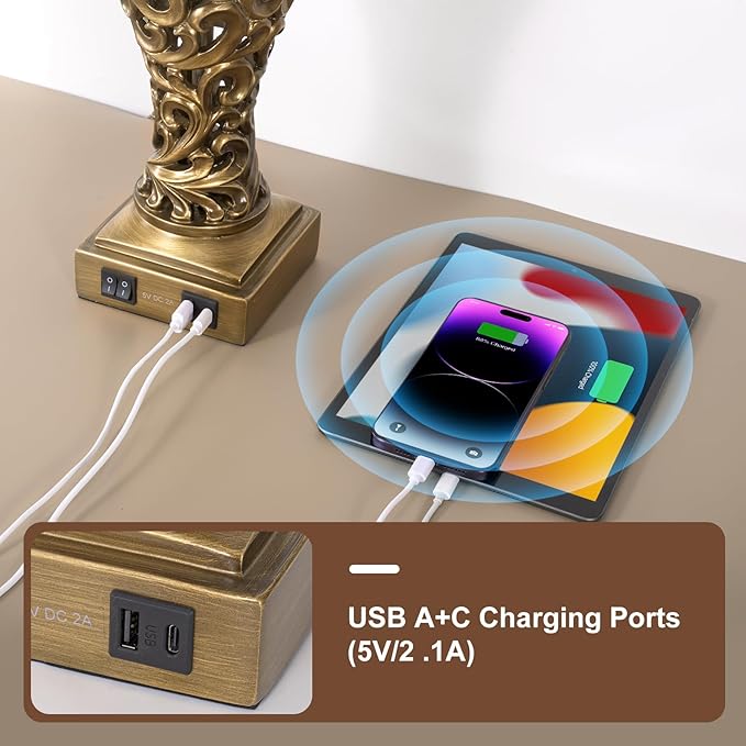 28.5'' Table Lamps Set of 2 for Living Room, Vintage Bedside Lamps with USB A+C Ports & Nightlight, Farmhouse Nightstand Lamps with Faux Silk Shade for Bedroom, Study Room, Office (LED Bulbs Included)-CasaMuseHome