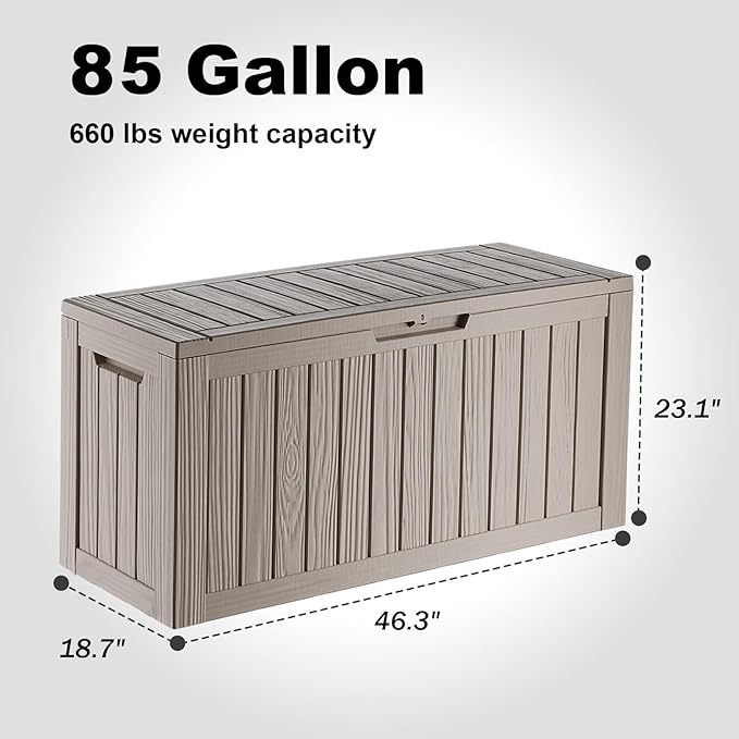 86 Gallon Outdoor Deck Box,Storage Lockable Waterproof Patio Furniture,Garden Tools,Cushions,Pool Accessories Outside Storage Resin Box(Grey)-CasaMuseHome