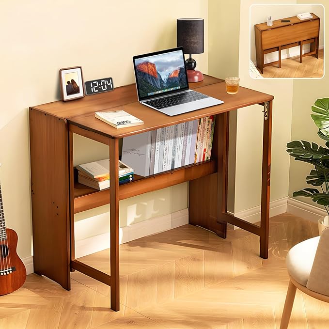 39.37" Bamboo Folding Desk,Space-Saving Computer Desk for Small Spaces, Foldable Study Table for Bedroom, Home Office, Dorm, Apartment (Brown)-CasaMuseHome