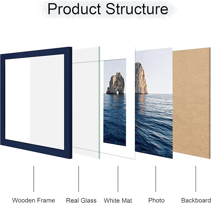 12x12 Picture Frame Set of 4, 12 x 12 Wood Photo Frames with Mat for 10x10 or 30x30cm Diamond Painting Art, Wooden Frame with Real Glass Cover for Wall and Tabletop Display,Blue-CasaMuseHome