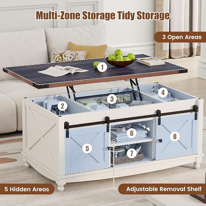 48" Farmhouse Lift Top Coffee Table with Storage Sliding Barn Door & Large Hidden Compartment, Coffee Table with Lifting Top with Wooden Lift Tabletop, Coffee Tables for Living Room, White-CasaMuseHome