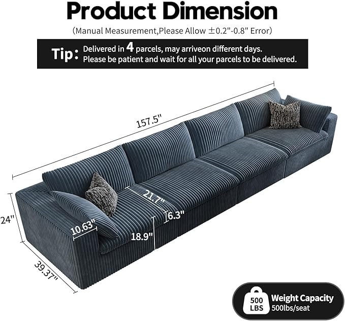 157.5" Cloud Couch Modular Sectional Sofa for Living Room,Modern Sofa with Deep Seat，4 Seater Boneless Couch,Comfy Upholstered Corduroy Couches for Apartment, Studio, Office,Bedroom，Blue-CasaMuseHome
