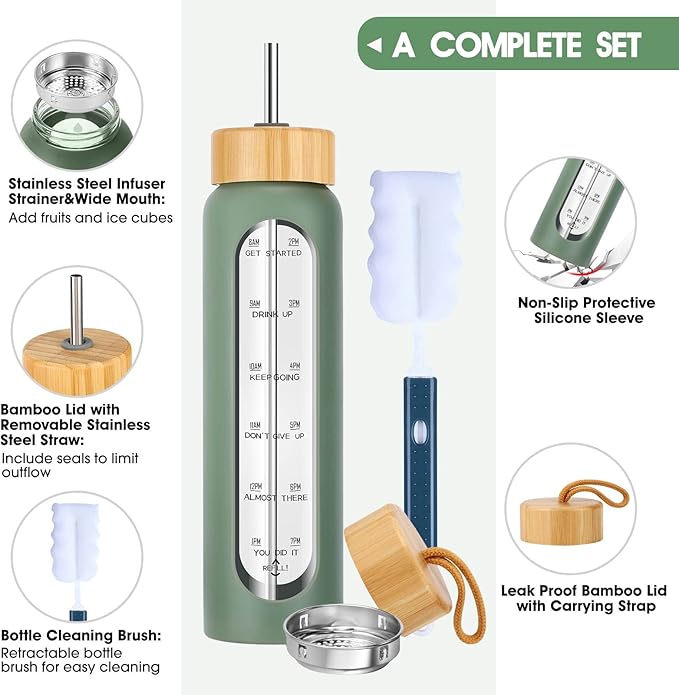 32 oz Glass Water Bottle with Straw - Motivational Time Marker & Silicone Sleeve - Reusable Tumbler Includes 2 Bamboo Lids & Fruit Infuser - 1 Pack-CasaMuseHome