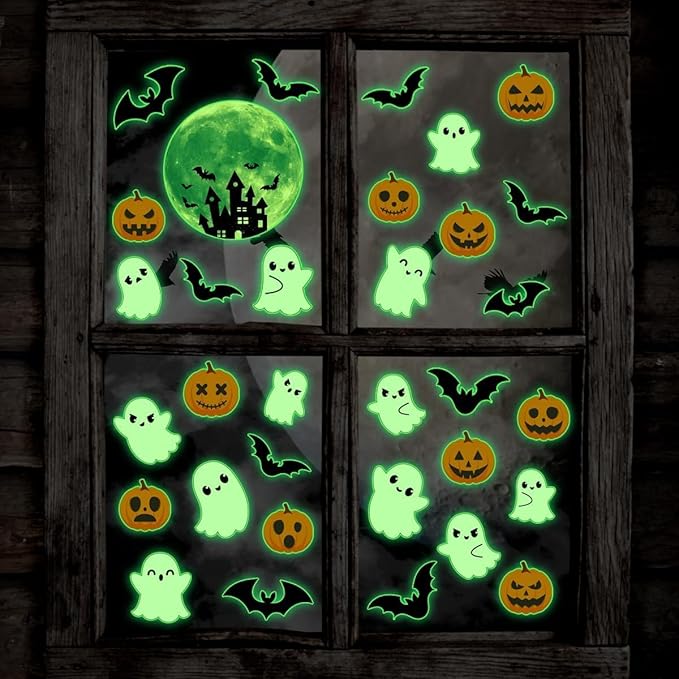 3 Sheets Glow in The Dark Halloween Window Clings Luminous Halloween Window Stickers Pumpkin Ghost Wall Decor Glowing Window Clings for Scary Halloween Theme Party Decorations-CasaMuseHome