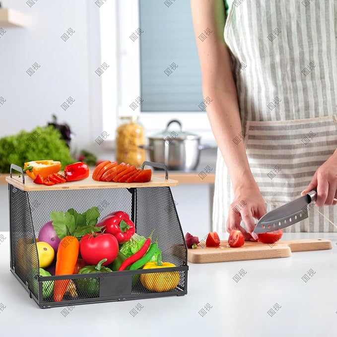 2 Tier Stackable Hanging fruit basket for kitchen counter,hanging Wall baskets with Bamboo Tops & Tag,Wire basket for Cabinet Shelf Countertop Pantry Organizer Bins, onion potato Vegs Bread Organizing-CasaMuseHome