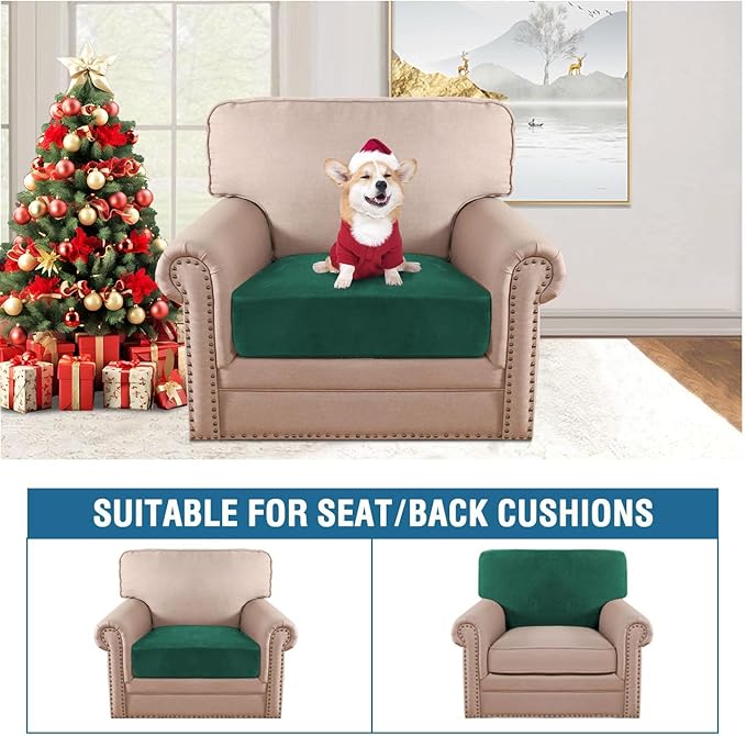 H.VERSAILTEX Velvet Stretch Couch Cushion Cover Plush Cushion Slipcover for Chair Cushion Furniture Protector Seat Cushion for Sofa Cover (1 Piece Armchair Cushion Covers, Vintage Green)-CasaMuseHome