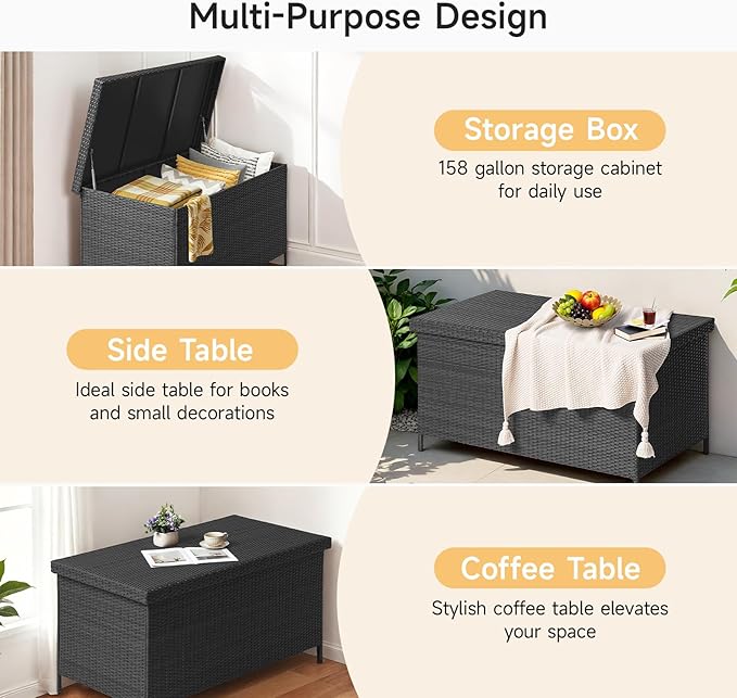 158 Gallon XL Deck Box with Lid, All Weather Wicker Outdoor Storage Box Waterproof, Large Outdoor Patio Storage Bin for Cushions, Garden Tools, Gears, Pool Accessories, Black-CasaMuseHome