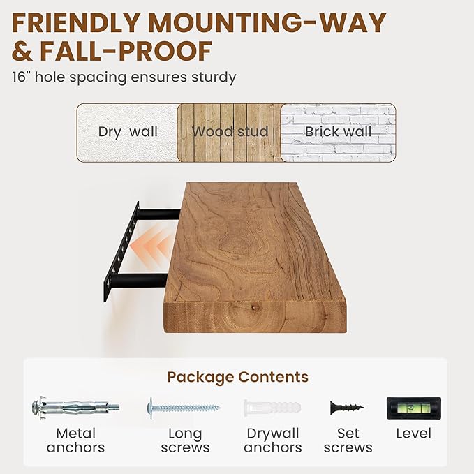 55" Floating Shelves for Wall, Rustic Elm Wood Floating Shelf for Home Decor, Wall-Mounted Display Shelves with Heavy-Duty Bracket, Long Floating Shelf for Bathroom, Kitchen, Natural Color-CasaMuseHome