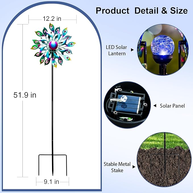 360°Peacock Solar Wind Spinner with Lights Blue Metal Garden Outdoor Decor Yard Lawn Art Decor for Patio Kinetic Windmills Unique Gifts for Friends and Family 51.9' H x 12.2'' Dia-CasaMuseHome