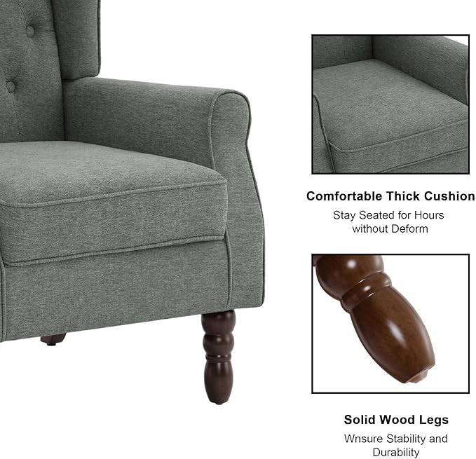 Accent Chair, Upholstered Armchair with Button Tufted High Back & Solid Wood Legs, Comfy Wingback Reading Single Sofa Chair for Small Spaces, Living Room, Bedroom (Grey, Set of 2)-CasaMuseHome