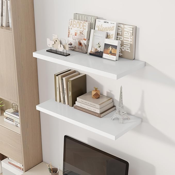 30" Floating Shelves for Wall, 12" Deep Slim White Floating Shelves, Wall-Mounted Shelves for Bedroom, Living Room, Kitchen, Bathroom - Set of 2-CasaMuseHome