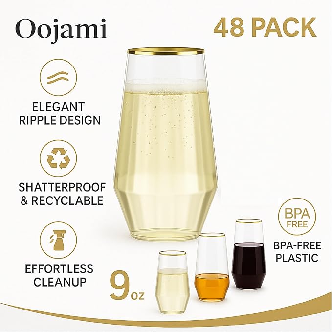 48 Pack Diamond Unbreakable Stemless Plastic Wine Stemless Toasting coacktail Glasses, Durable 9 Oz BPA-Free Disposable Champagne Flutes for Weddings, Bars, Events, and Celebrations (Diamond Gold Rim)-CasaMuseHome