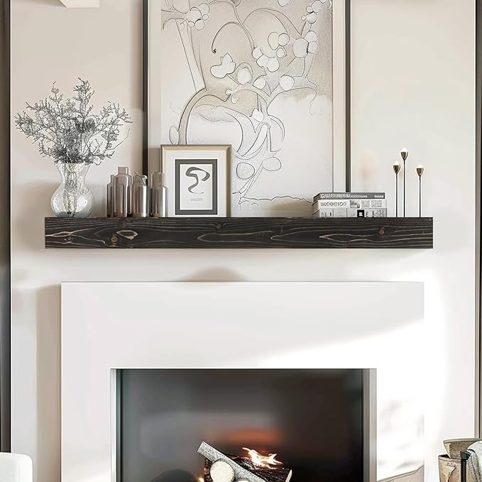 48x8x3 Fireplace Mantel - Handcrafted Hollow Rustic Solid Wood Wall Mounted Floating Shelf with Invisible Heavy Duty Wood Bracket (Weathered Black)-CasaMuseHome