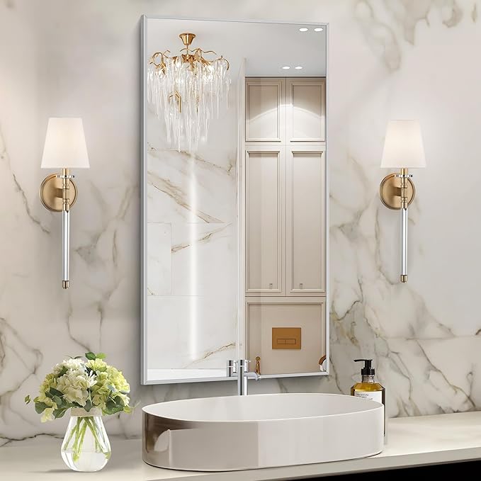 48x24In Silver Bathroom Mirror for Wall, Brushed Nickel Rectangle Mirrors with Metal Frame, Bathroom Rectangular Mirror Modern Wall Mirror for Bedroom Living Room, Hangs Horizontal or Vertical-CasaMuseHome