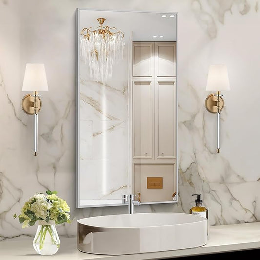 48x24In Silver Bathroom Mirror for Wall, Brushed Nickel Rectangle Mirrors with Metal Frame, Bathroom Rectangular Mirror Modern Wall Mirror for Bedroom Living Room, Hangs Horizontal or Vertical-CasaMuseHome