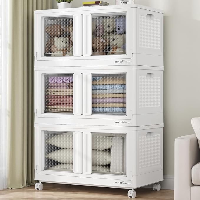 300Qt Stackable Storage Bins with Lids, 75Gal Closet Organizers and Storage Drawer, Plastic Collapsible Storage Bins with Doors, Heavy Duty Store Box Cabinet for Home Kitchen, 3Pack White-CasaMuseHome