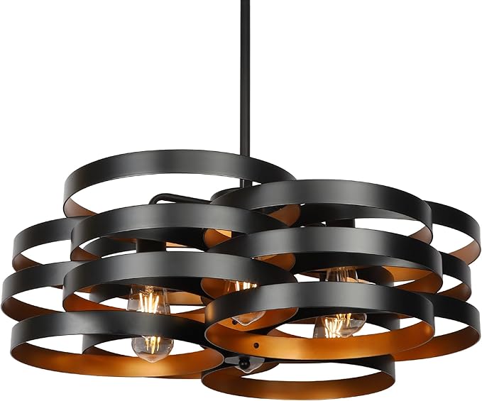 6-Light Modern Farmhouse Chandeliers for Dining Room, Rustic Multiple Rings Pendant Lighting, Industrial Metal Round Chandelier for Kitchen Entryway, Black with Gold Interior-CasaMuseHome