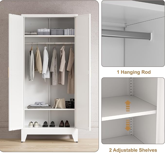71'' Farmhouse Metal Wardrobe Cabinet with Hanging Rod, 2 Barn Door Wardrobe Closet with 2 Adjustable Shelves,for Dining Room,Bedroom,Living Room, Cloak Room,Office (White)-CasaMuseHome