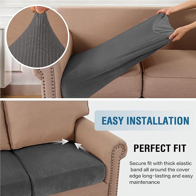 H.VERSAILTEX Velvet Stretch Couch Cushion Cover Plush Cushion Slipcover for Chair Cushion Furniture Protector Seat Cushion Sofa Cover (1 Piece Armchair Cushion Covers, Grey Striped)-CasaMuseHome