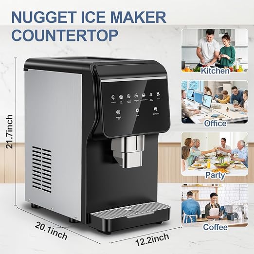 3-in-1 Nugget Ice Maker with Ice & Water Dispenser - 90Lbs/24H Pellet Chewable Ice, Self-Cleaning Countertop Stainless Steel Ice Machine for Commercial, Office, Kitchen, Party (Quiet Operation)-CasaMuseHome
