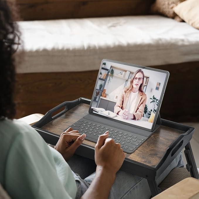 2 Pack Bed Tray Table Breakfast Trays Serving Tray Adjustable Height for Eating Bamboo Bed Laptap Floding Legs with Handles and Phone Holders-CasaMuseHome