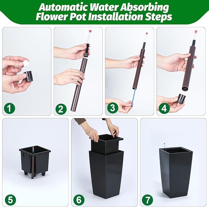 16" Tall Planters Set of 2, Outdoor＆Indoor Black Planter Pots, High Front Porch Planter Pots with Drainage Holes＆Water Level Monitor＆Inner Bucket, Automatic Watering,Black-CasaMuseHome