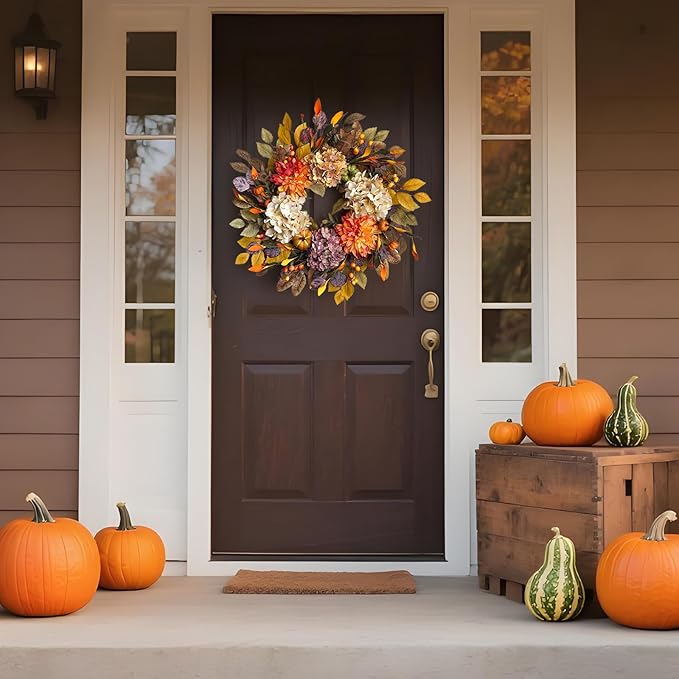 24Inch Fall Wreaths for Front Door,Fall Wreath with Beige Hydrangea,Orange Dahlia Artificial Flowers,Pumpkins,Autumn Wreaths for Harvest Thanksgiving Halloween Indoor Outdoor Home Decor-CasaMuseHome