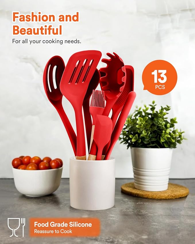 Kitchen Utensils Set, 13PCS Silicone Cooking Utensils, Heat Resistant Kitchen Utensil Spatula Set for Nonstick Cookware, Wooden Handles Kitchen Gadgets Tools Set (RED)-CasaMuseHome