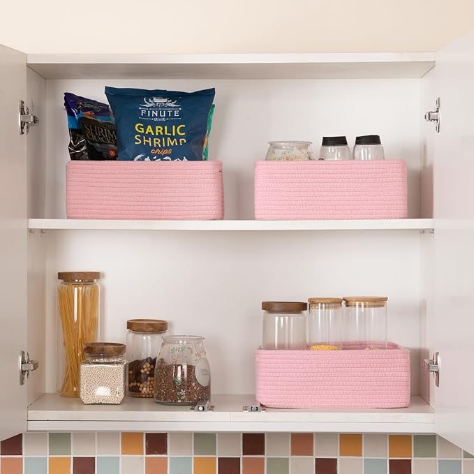 3 Pack Small Storage Baskets for Organizing, Cute Woven Decorative Gift Baskets for Shelves, Mini Closet Organizer Bins with Handles, 11.81''Lx7.87''Wx4.72''H-Pink-CasaMuseHome