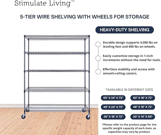 60"x18"x72" Prime Heavy Duty Black 5-Tier Wire Shelving NSF 4000 LBS MAX Capacity Storage Rack for Commercial, Hospital, School, Garage, and Kitchen Uses (with Wheels)-CasaMuseHome