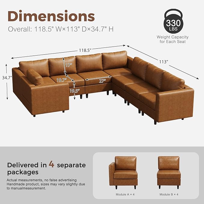 118.5" Faux Leather Modular Sectional Sofa, U Shaped Couch Set for Living Room, Large 8-Seater Comfy Cloud Couches with Storage Seat DIY Combination - Brown-CasaMuseHome