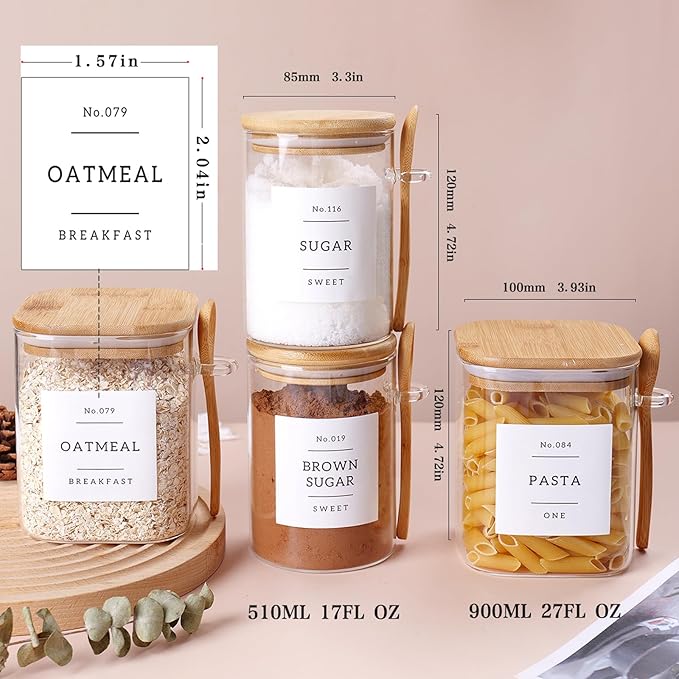 6 Pack Glass Jars with Bamboo Lid and Spoons - 17Oz/27Oz Borosilicate Glass Jars with 132 Pantry Labels - for Coffee Beans, Tea, Sugar & More-CasaMuseHome