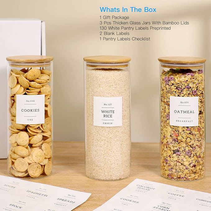 3 Pack Glass Jar with Airtight Bamboo Lid and White 132 Kichen Pantry Labels Preprinted - 56 Oz Clear Tall Glass Food Storage Containers set For Pasta Flour Cookie Rice-CasaMuseHome