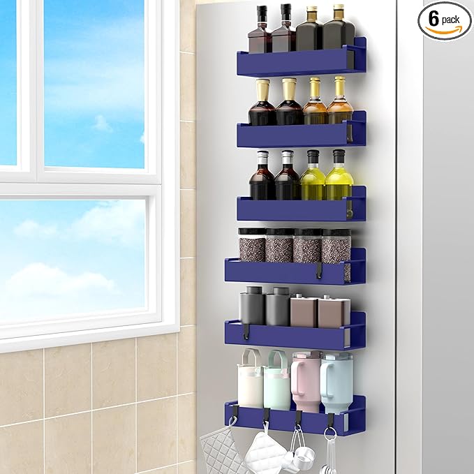6 Pack Magnetic Spice Rack Organizer for Refrigerator and Oven, Dark Blue Fridge Organizers and Storage for Kitchen-CasaMuseHome