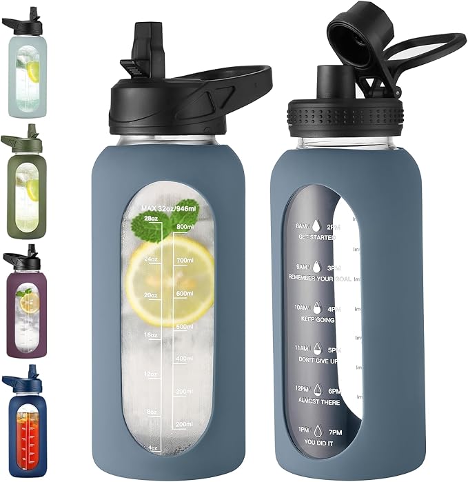 32 oz Glass Water Bottle with Straw and Handle, Sports Motivational Water Flask with Silicone Sleeve, Large Leakproof Water Flask Cup with Time Marker for Travel, Gym, Dark Blue-CasaMuseHome