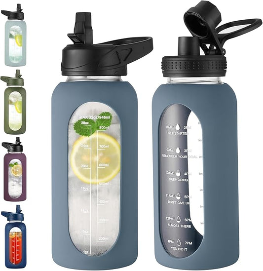 32 oz Glass Water Bottle with Straw and Handle, Sports Motivational Water Flask with Silicone Sleeve, Large Leakproof Water Flask Cup with Time Marker for Travel, Gym, Dark Blue-CasaMuseHome