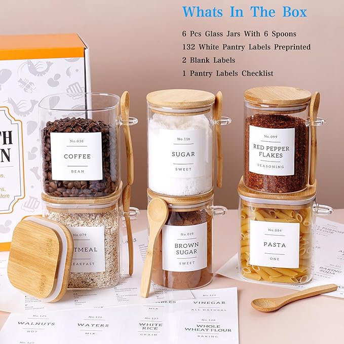 6 Pack Glass Jars with Bamboo Lid and Spoons - 17Oz/27Oz Borosilicate Glass Jars with 132 Pantry Labels - for Coffee Beans, Tea, Sugar & More-CasaMuseHome